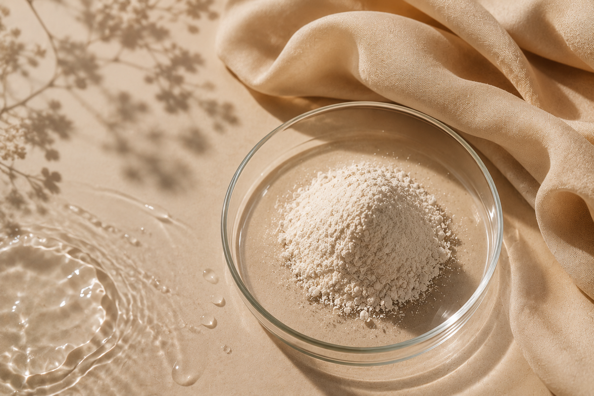 Glass bowl with white powder on a beige fabric background