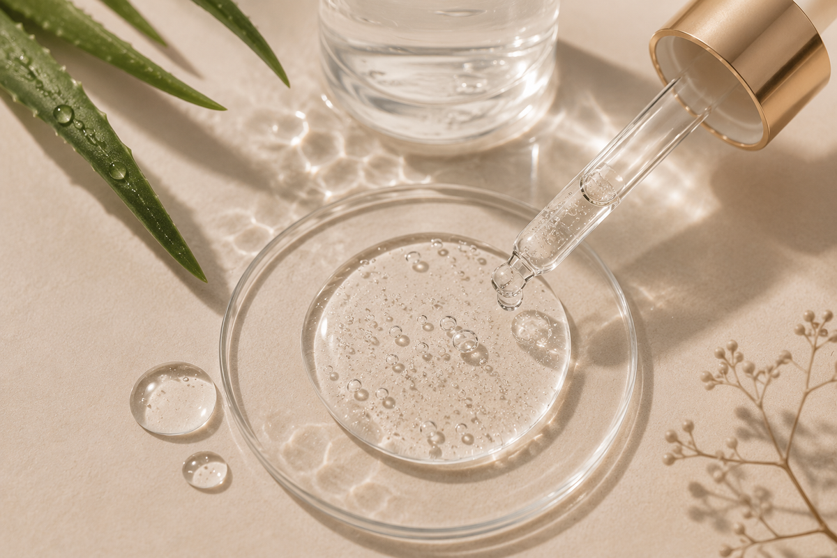 Glass dropper with liquid being poured into a clear dish on a beige surface with green leaves and flowers.