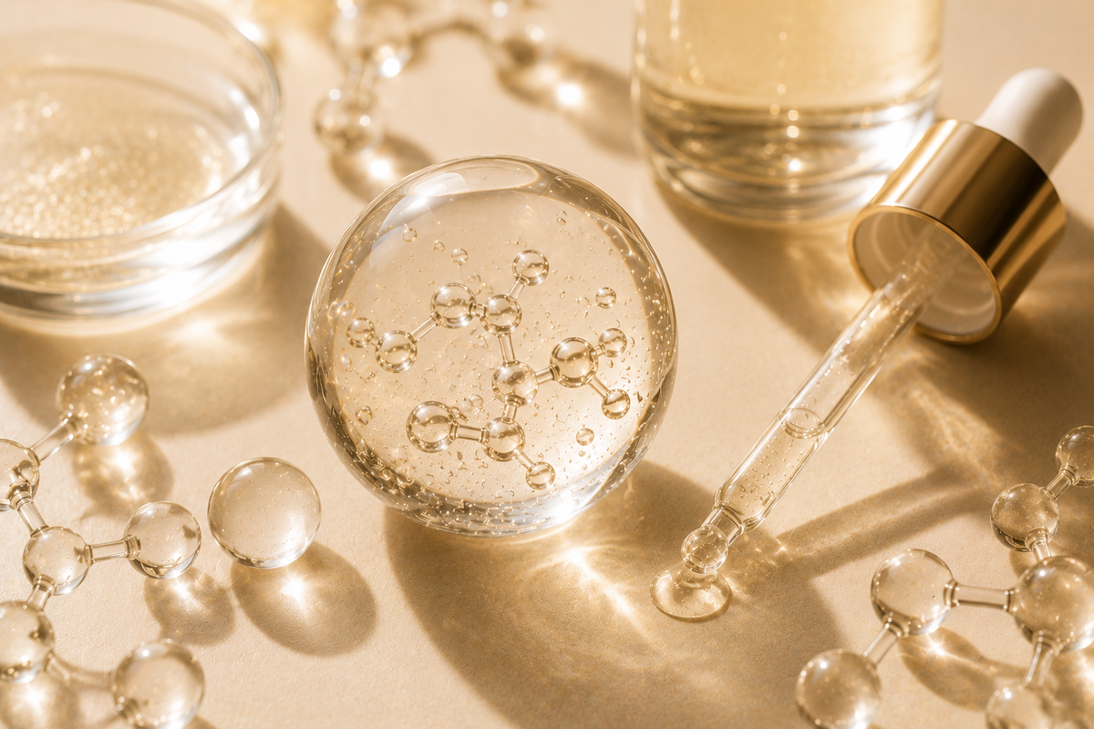 Cosmetic dropper and glass containers with molecular models on a beige surface