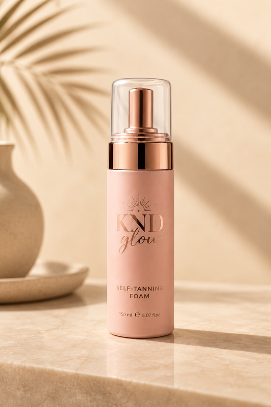Bottle of KND Glow self-tanning foam on a beige background