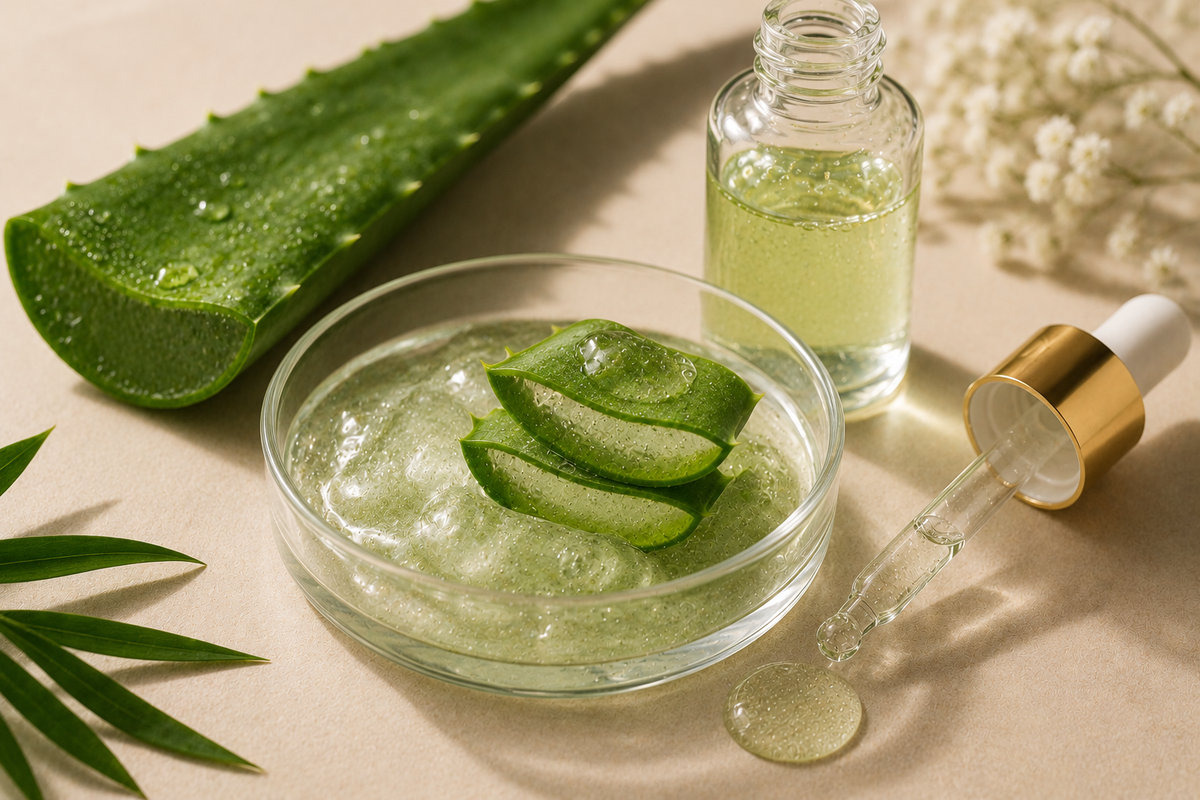 Aloe vera gel with aloe leaf, dropper, and bottle on a beige background