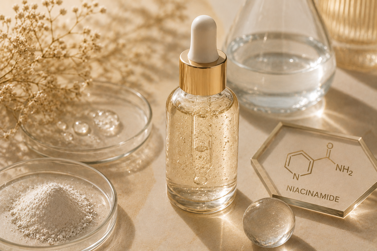 Skincare serum bottle with dropper on a neutral background